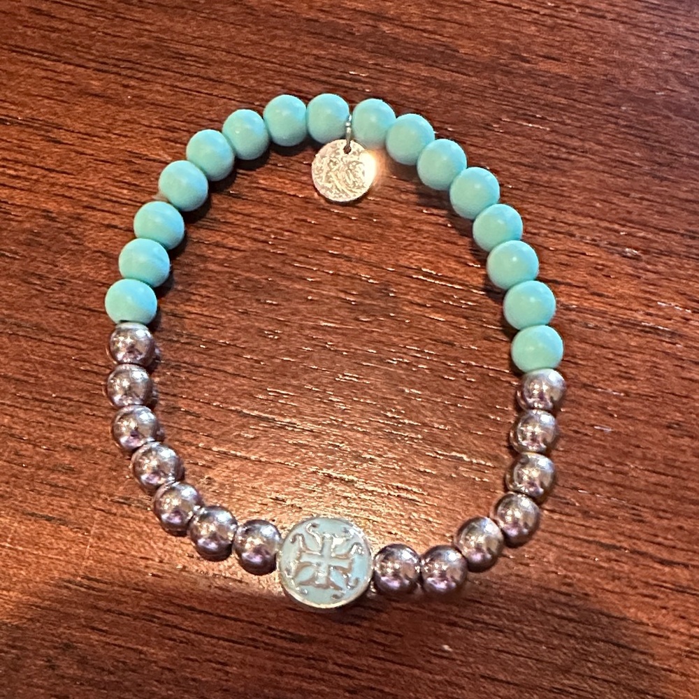 Rustic Cuff Aqua and Silver Beaded Bracelet